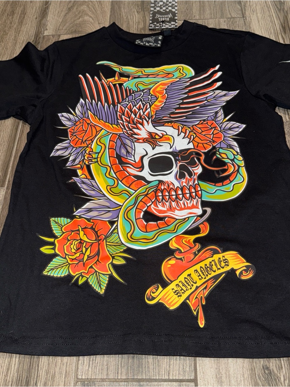 Rebel Vengeance Black Short Sleeve Tee with Neon Skull, Snake & Rose Artwork